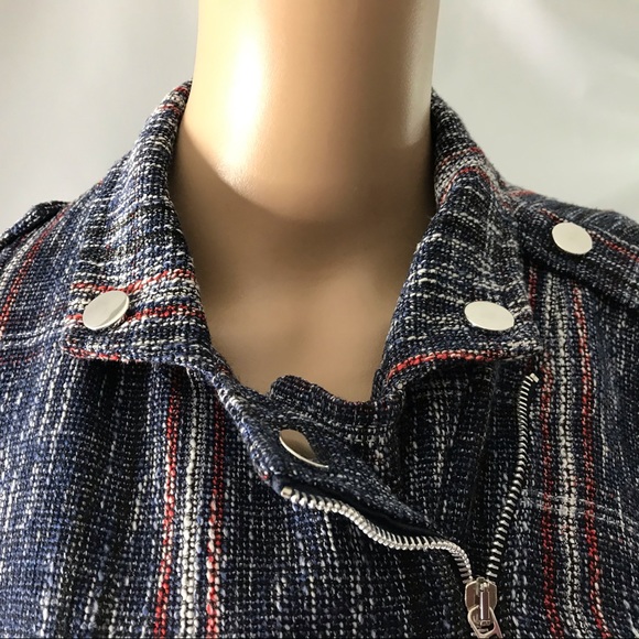 Muchmoney Women’s Tweed Blazer Size M Navy Blue Zipper Longsleeve Jacket - Picture 3 of 8